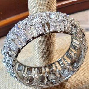 Big Bling Icy Rhinestone Encrusted Silver Tone Bangle Bracelet Costume Jewelry